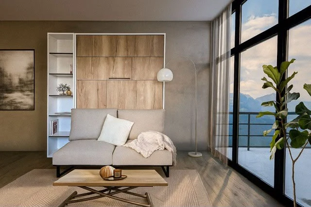 Variante : façades bois et canapé gris clair