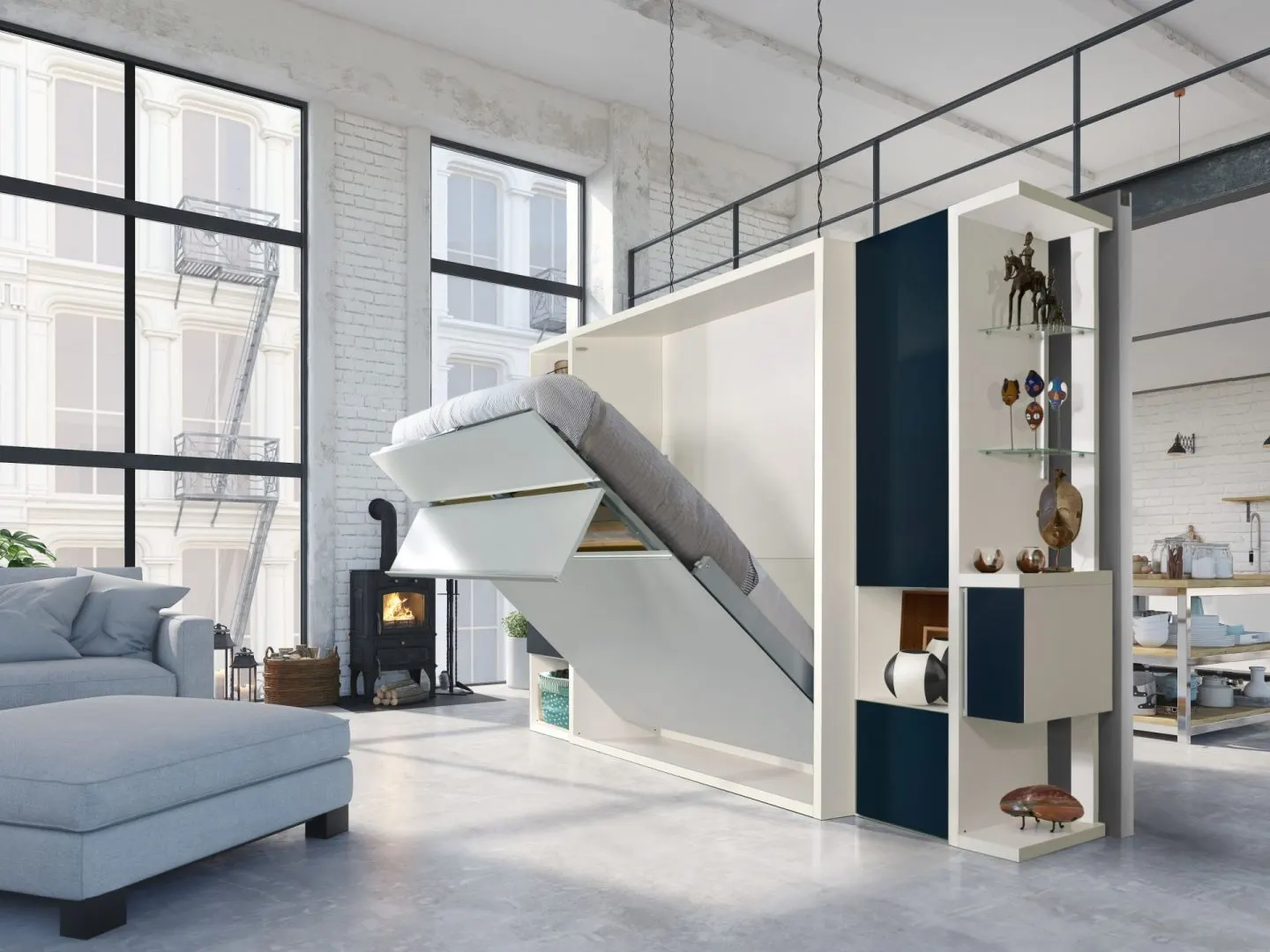 Meuble de séparation avec étagères et lit escamotable dans un loft