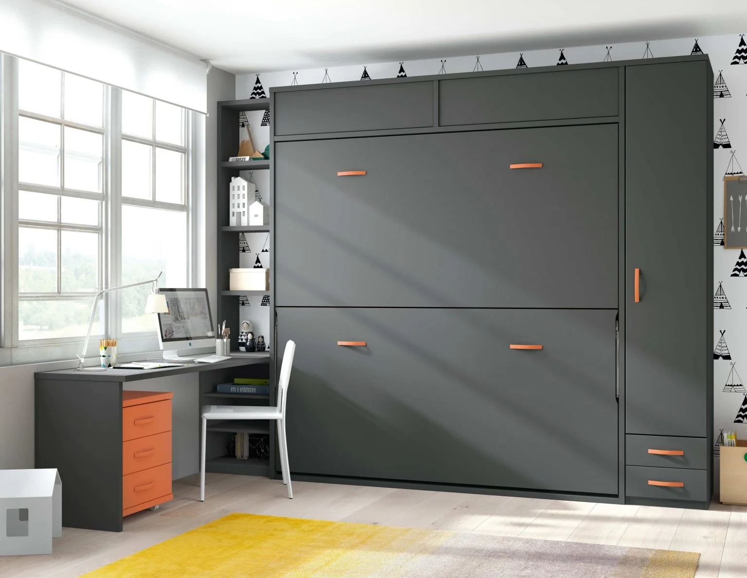 Meuble lits superposés escamotables fermé, façades anthracite et poignées orange, avec bureau d'angle