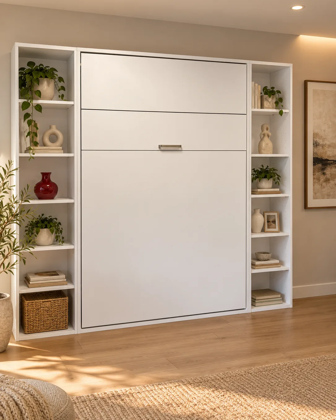 Lit escamotable blanc entre deux colonnes bibliothèque, exposé au showroom (le jour)