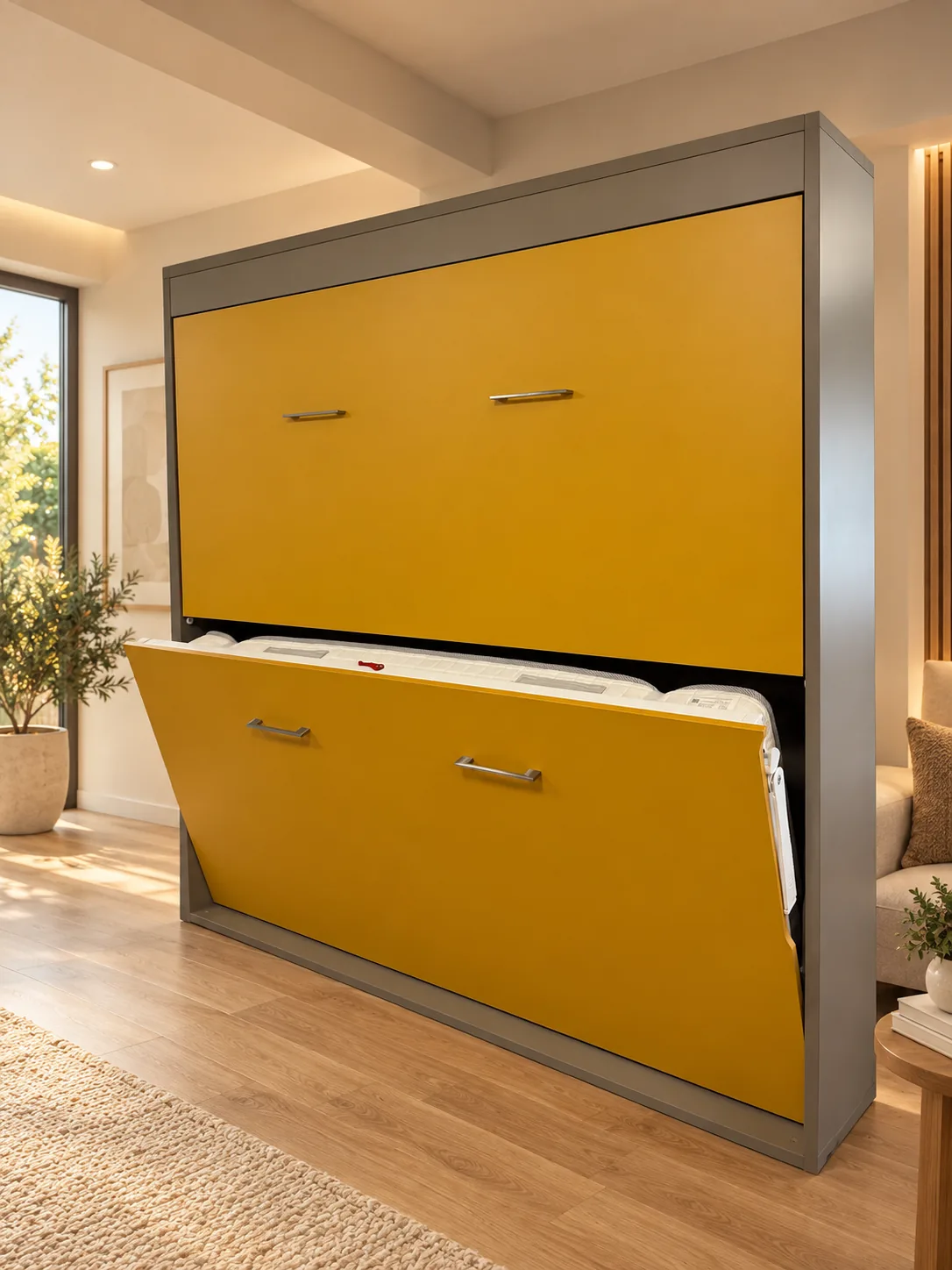 Meuble lit escamotable aux façades jaune moutarde dans un caisson gris