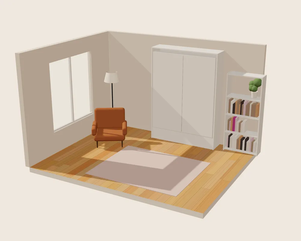 Maquette 3D d'une pièce : le lit escamotable se déplie depuis son caisson, puis se replie
