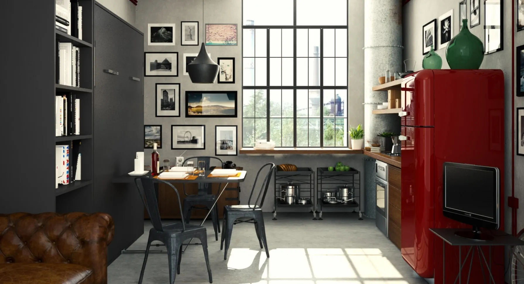 Studio avec un lit escamotable fermé dans une bibliothèque noire