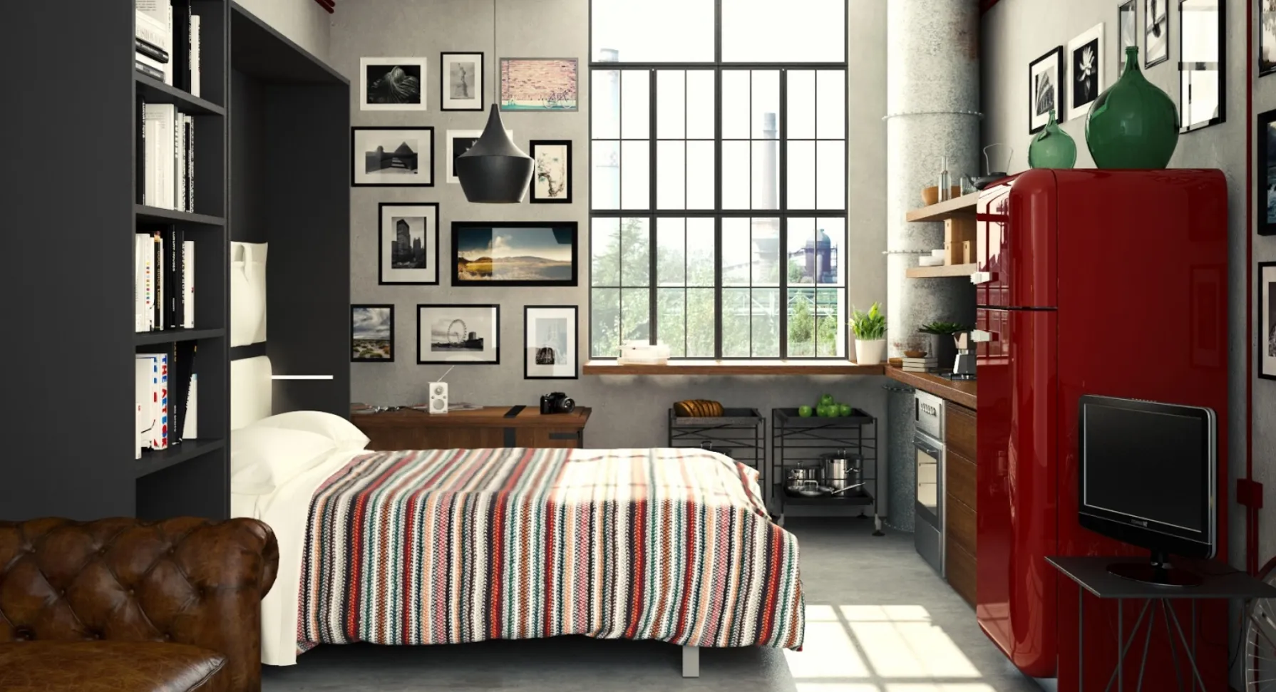 Le même studio, lit escamotable ouvert
